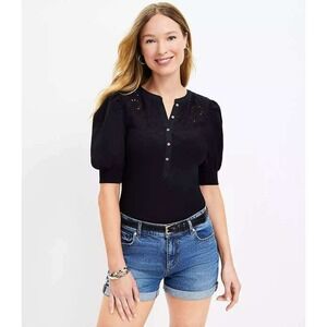 LOFT Eyelet Lace Henley Top Womens Medium Black Puff Sleeve Ribbed NWT